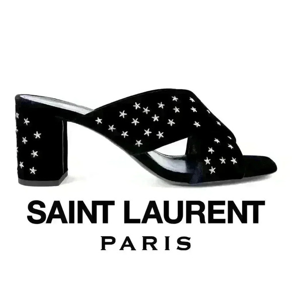 SAINT LAURENT  Lou Lou Star Stud Velvet Mules - Picture 1 of 14